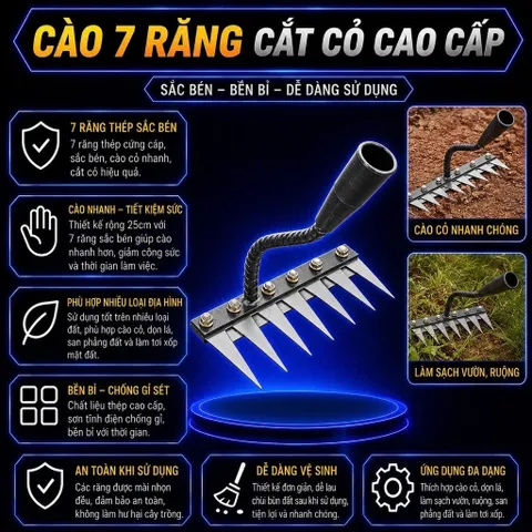 Cào cỏ làm vườn 7 Răng và 8 Răng, Dụng cụ cào cỏ, Làm tơi xốp đất, cào rác bằng thép không rỉ