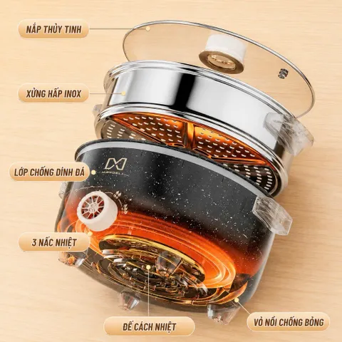 Nồi Lẩu Điện Công Suất Lớn Dung Tích 4L, Tặng Khay Hấp Inox 28CM, Tráng Men Chống Dính SIêu Bền