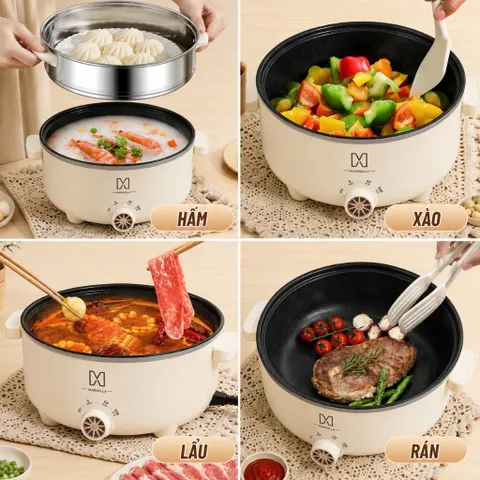 Nồi Lẩu Điện Công Suất Lớn Dung Tích 4L, Tặng Khay Hấp Inox 28CM, Tráng Men Chống Dính SIêu Bền