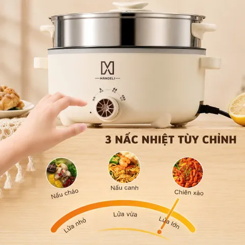 Nồi Lẩu Điện Công Suất Lớn Dung Tích 4L, Tặng Khay Hấp Inox 28CM, Tráng Men Chống Dính SIêu Bền