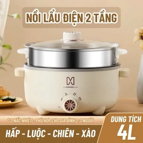 Nồi Lẩu Điện Công Suất Lớn Dung Tích 4L, Tặng Khay Hấp Inox 28CM, Tráng Men Chống Dính SIêu Bền
