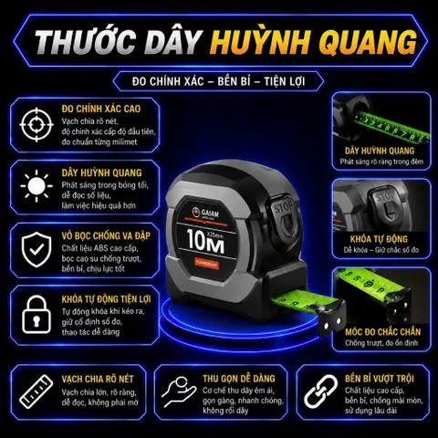 Thước Dây Huỳnh Quang Chất Liệu Thép Không Rỉ , Loại Dài 5M , 7,5M Và 10M Khóa Tự Động