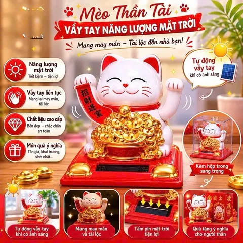 Mèo Thần Tài Màu Trắng Năng Lượng Mặt Trời Tự Động Vẫy Tay Cảm Ứng Ánh Sáng Trang Trí Bàn làm Việc
