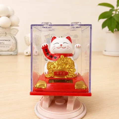 Mèo Thần Tài Màu Trắng Năng Lượng Mặt Trời Tự Động Vẫy Tay Cảm Ứng Ánh Sáng Trang Trí Bàn làm Việc