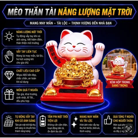 Mèo Thần Tài Màu Trắng Năng Lượng Mặt Trời Tự Động Vẫy Tay Cảm Ứng Ánh Sáng Trang Trí Bàn làm Việc