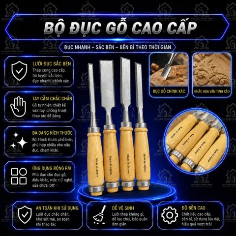 Combo Bộ 4 Đục Gỗ Tay Cầm Gỗ Cao Cấp – Dụng Cụ Chạm Khắc, Tiện Mộc, Sửa Chữa Gỗ, Hàng Loại 1 Dày Dặn Chắc Tay