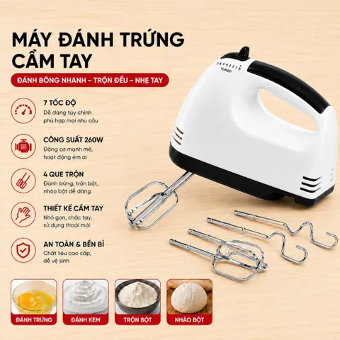 Máy Đánh Trứng Cầm Tay 7 Tốc Độ Tặng 4 Đầu Đánh Cao Cấp, Nhiều Chức Năng Hoạt Động Mạnh Mẽ Sử Dụng Tiện Lợi