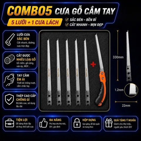 Combo 1 Cưa +5 Lưỡi cưa lách mài dự phòng 22 cm chống rỉ cưa lách mài chống rỉ