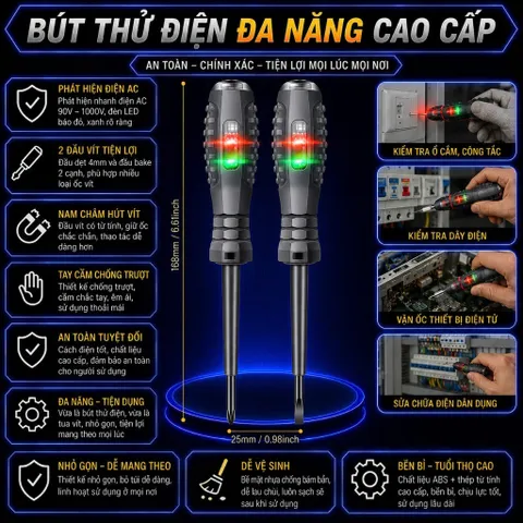 Bút thử điện cảm ứng thông minh 2 cạnh và 4 cạnh , 2 đèn LED, tua vít từ tính
