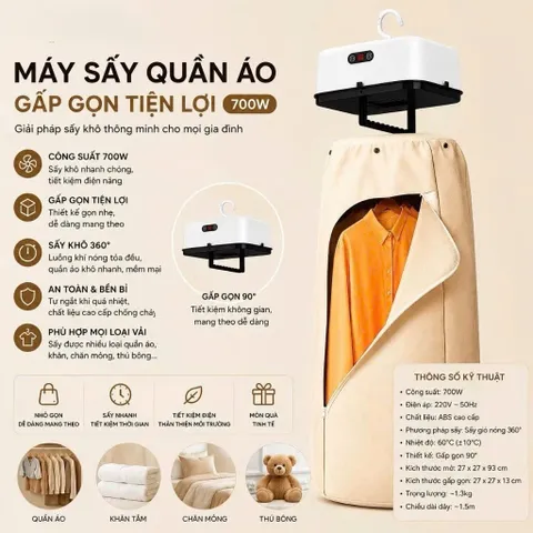 Máy Sấy Quần Áo LUMI QNK Công Suất 600W, Thiết Kế Gấp Gọn Tích Hợp Sưởi Ấm Nhỏ Gọn An Toàn Cho Gia Đình