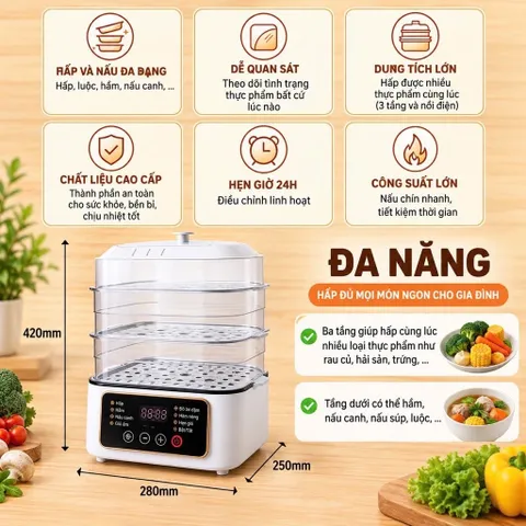 Nồi hấp điện đa năng 3 tầng tiện lợi dung tích 19 lít nhiệt mạnh nóng nhanh BH 12 tháng