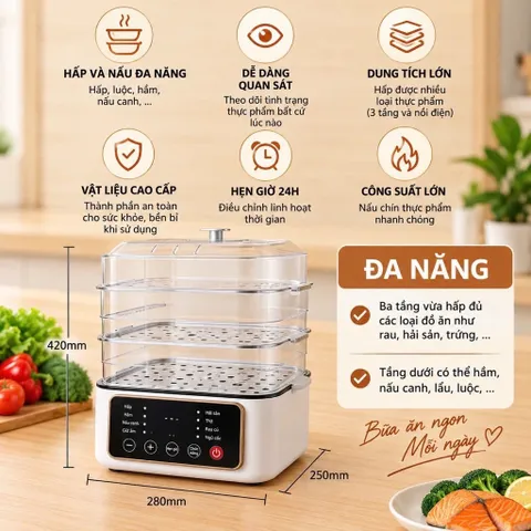 Nồi hấp điện đa năng 3 tầng tiện lợi dung tích 19 lít nhiệt mạnh nóng nhanh BH 12 tháng