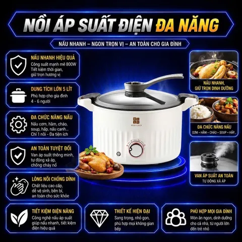 Nồi Áp Suất Đa Năng Điện Tử Dung Tích Nồi 5L Size 28cm, Công Suất 800w, Nhiều Chế Độ Nấu, Có Chống Dính