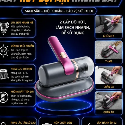 Máy Hút Bụi Cầm Tay Sạc TypeC - Không Dây, Có Đèn UV, Hút Nệm Giường/Sofa/Quần Áo