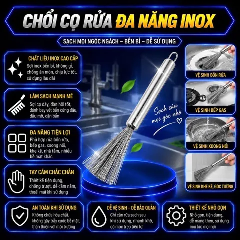 Chổi Cọ Nồi Nhiều Sợi Li Ti  Cọ Chảo Inox 201/304 Bàn Chải Chà Nồi Đánh Bóng Loại Bỏ Rỉ Sét Tiện Dụng Có Cán Cầmi