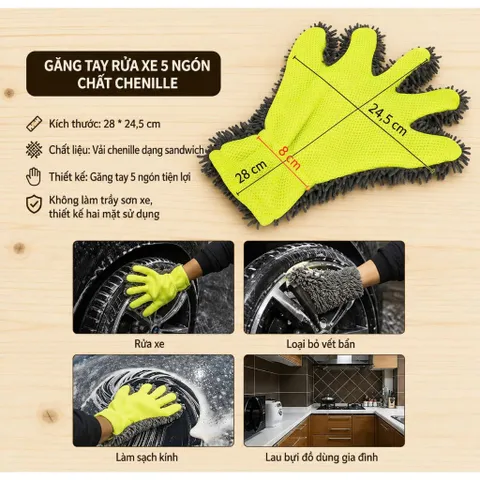 Bao Tay Rửa Xe, Găng Tay Rửa Xe San Hô Xỏ 5 Ngón Mềm Mịn Thấm Hút Tốt Cọ Rửa Xe
