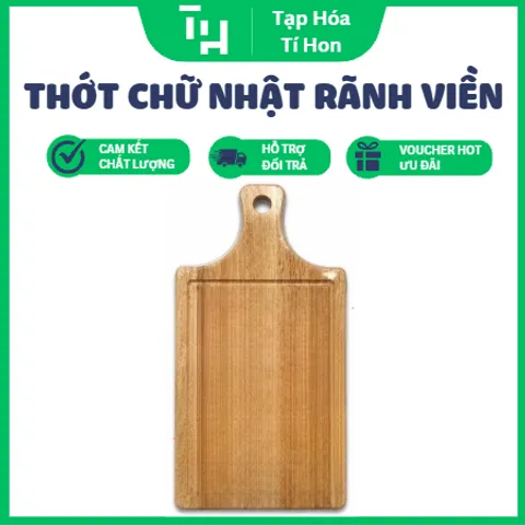 Thớt Gỗ Tay Cầm Chữ Nhật, Dạng chữ nhật có rãnh viền và tay cầm tích hợp lỗ treo tiện lợi (TH735)