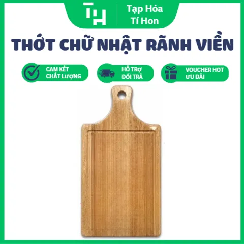 Thớt Gỗ Tay Cầm Chữ Nhật, Dạng chữ nhật có rãnh viền và tay cầm tích hợp lỗ treo tiện lợi (TH735)