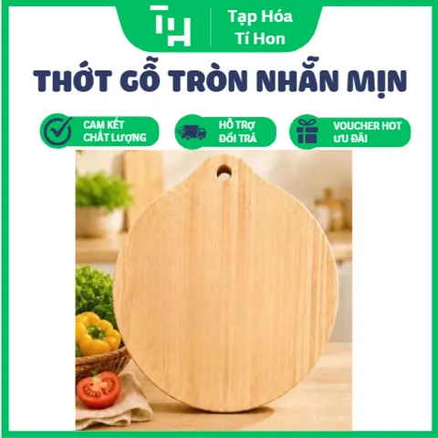 Thớt Gỗ Tròn Cao Cấp, Dạng tròn có phần tay cầm khoét lỗ treo tiện lợi, bề mặt nhẵn mịn (TH736)