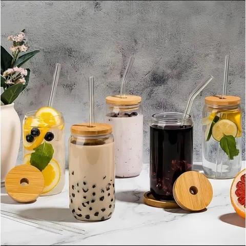Bình Thuỷ Tinh 500ml Kèm Nắp Gỗ & Ống Hút Thiết Kế Đơn Giản Phong Cách Hiện Đại Dùng Cho Nước Trà Đồ Uống Khác