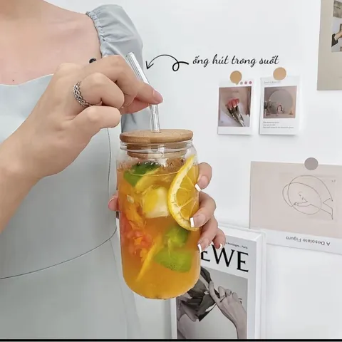 Bình Thuỷ Tinh 500ml Kèm Nắp Gỗ & Ống Hút Thiết Kế Đơn Giản Phong Cách Hiện Đại Dùng Cho Nước Trà Đồ Uống Khác