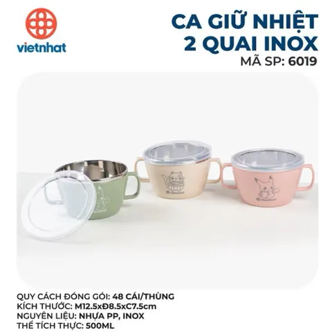 Bát giữ nhiệt 2 lớp ăn dặm, ăn cháo cho bé, bát inox bọc nhựa việt Nhật đựng được 500ml