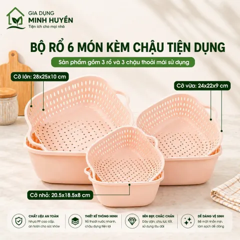 Combo 6 chậu nhựa chữ nhật kèm xô, gáo đa năng, bền đẹp, tiện dùng cho sinh hoạt gia đình