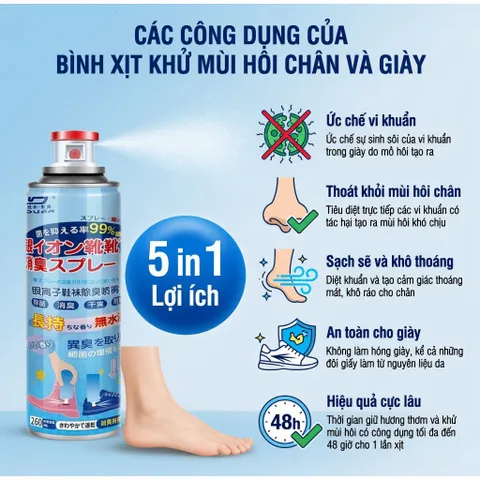 Xịt khử mùi giày dép ComBo 260ml công nghệ Nano Bạc AG+ diệt khuẩn, ngăn mồ hôi