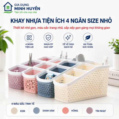 Khay Nhựa 4 Ngăn Tiện Lợi Mini – Hộp Đựng Mỹ Phẩm, Văn Phòng, Đồ Gia Dụng Gọn Gàng, Nhựa PP Bền Đẹp