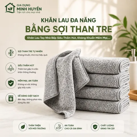 Bộ 50 khăn lau sợi than tre 20x20cm siêu thấm, kháng khuẩn, đa năng cho bếp và nhà cửa