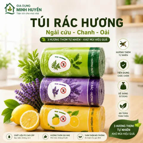 [Tặng Khăn Tre] Lẻ 1 Cuộn 50 Túi Rác Loại 1 Hương Ngải Oải Chanh Tự Phân Hủy Khử Mùi Đuổi Côn Trùng Có Dây Rút 45x50cm