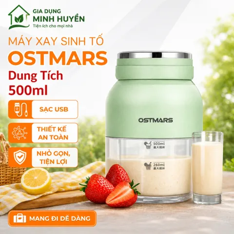 Máy Xay Cầm Tay OSTMARS Mini 500ml 10 Lưỡi Dao Đa Năng Sạc Tích Điện, Thay Nắp Cắm Ống Hút Tiện Lợi