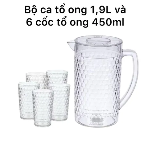 [Tặng Lót Nồi] Bộ Ca Cốc Uống Nước Tổ Ong Việt Nhật Cứng Cáp - Ca Nhựa 1,9Lít - Cốc Nhựa 300ml