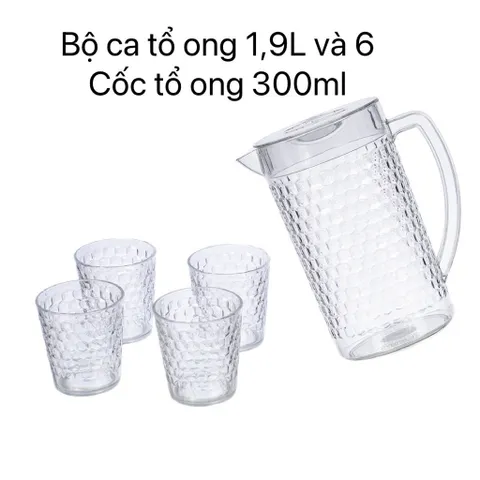 [Tặng Lót Nồi] Bộ Ca Cốc Uống Nước Tổ Ong Việt Nhật Cứng Cáp - Ca Nhựa 1,9Lít - Cốc Nhựa 300ml