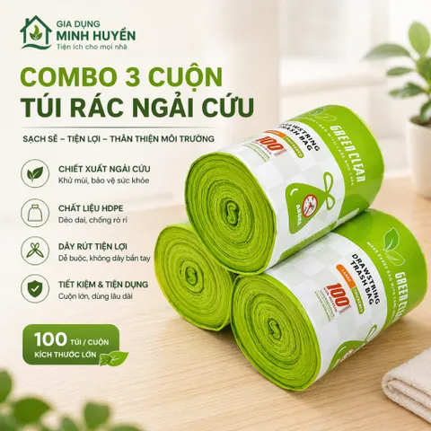 [Tặng Khăn] Combo 3 Cuộn Túi Rác Loại 1 Hương Ngải Oải Chanh Tự Phân Hủy Khử Mùi Đuổi Côn Trùng Có Dây Rút 45x48cm