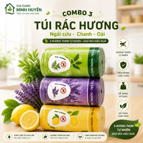 [Tặng Khăn] Combo 3 Cuộn Túi Rác Loại 1 Hương Ngải Oải Chanh Tự Phân Hủy Khử Mùi Đuổi Côn Trùng Có Dây Rút 45x48cm