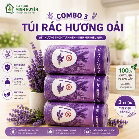 [Tặng Khăn] Combo 3 Cuộn Túi Rác Loại 1 Hương Ngải Oải Chanh Tự Phân Hủy Khử Mùi Đuổi Côn Trùng Có Dây Rút 45x48cm