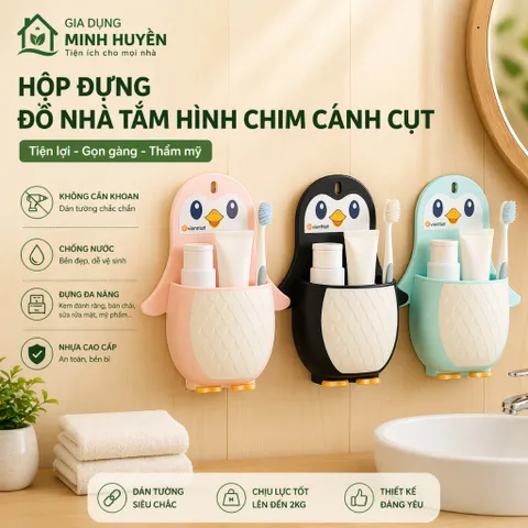 Kệ dán tường hình chim cánh cụt đựng đồ cá nhân dễ thương - Tiết kiệm không gian, chịu lực tốt, không cần khoan, có lỗ t