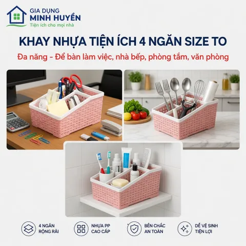 Khay Nhựa 4 Ngăn Tiện Lợi Size To – Hộp Đựng Mỹ Phẩm, Văn Phòng, Đồ Gia Dụng Gọn Gàng, Nhựa PP Bền Đẹp