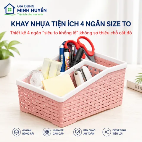 Khay Nhựa 4 Ngăn Tiện Lợi Size To – Hộp Đựng Mỹ Phẩm, Văn Phòng, Đồ Gia Dụng Gọn Gàng, Nhựa PP Bền Đẹp