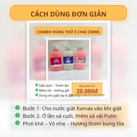 Combo Dùng Thử 3 Chai 230ml–Nước Giặt Kamax & Xả Vải Putin (Rosie + Enchanter) – Giặt Sạch, Thơm Lâu