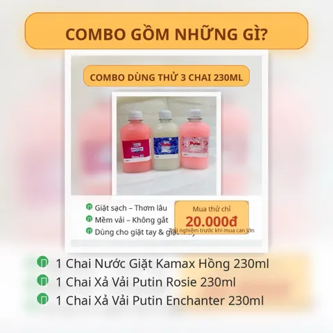 Combo Dùng Thử 3 Chai 230ml–Nước Giặt Kamax & Xả Vải Putin (Rosie + Enchanter) – Giặt Sạch, Thơm Lâu