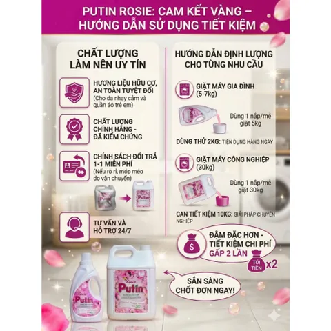 Nước Xả Vải Putin Rosie 10kg - Hương Hoa Hồng Ngọt Ngào, Lưu Hương Sau Phơi Sấy (Chính Hãng)