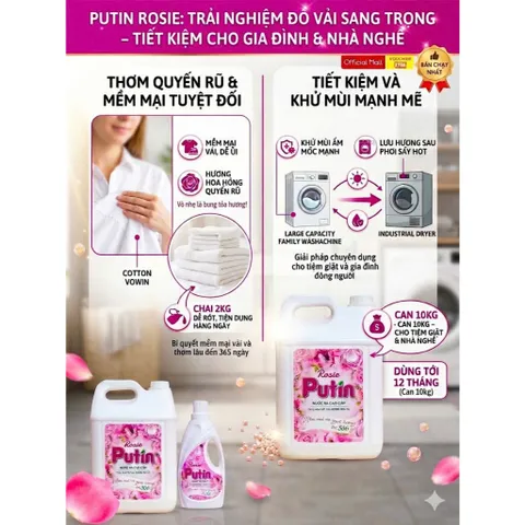 Nước Xả Vải Putin Rosie 10kg - Hương Hoa Hồng Ngọt Ngào, Lưu Hương Sau Phơi Sấy (Chính Hãng)