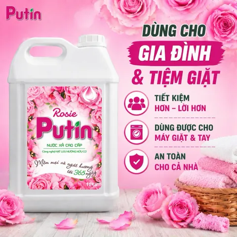 Nước Xả Vải Putin Rosie 10KG Can Lớn Hương Hoa Hồng Hạt Lưu Hương Thơm Lâu Làm Mềm Vải