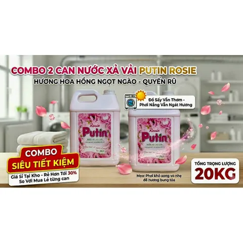 Combo 2 Can Nước Xả Vải Putin Rosie 2x10kg - Hương Hoa Hồng Ngọt Ngào, Lưu Hương Sau Phơi Sấy