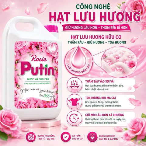 Nước Xả Vải 5kg Putin Rosie - Thơm Lâu, Khử Mùi Mạnh, Mềm Vải, Dùng thử Giá Tốt (Bán Chạy Nhất)