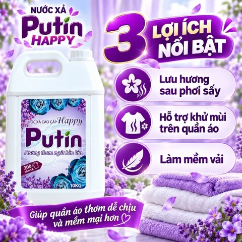 Nước Xả Vải Putin Happy 10KG Can Lớn Hạt Lưu Hương Thơm Lâu Sau Phơi Sấy Làm Mềm Vải