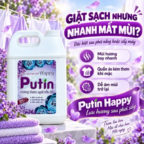 Nước Xả Vải Putin Happy 10KG Can Lớn Hạt Lưu Hương Thơm Lâu Sau Phơi Sấy Làm Mềm Vải