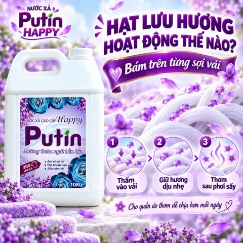 Nước Xả Vải Putin Happy 10KG Can Lớn Hạt Lưu Hương Thơm Lâu Sau Phơi Sấy Làm Mềm Vải
